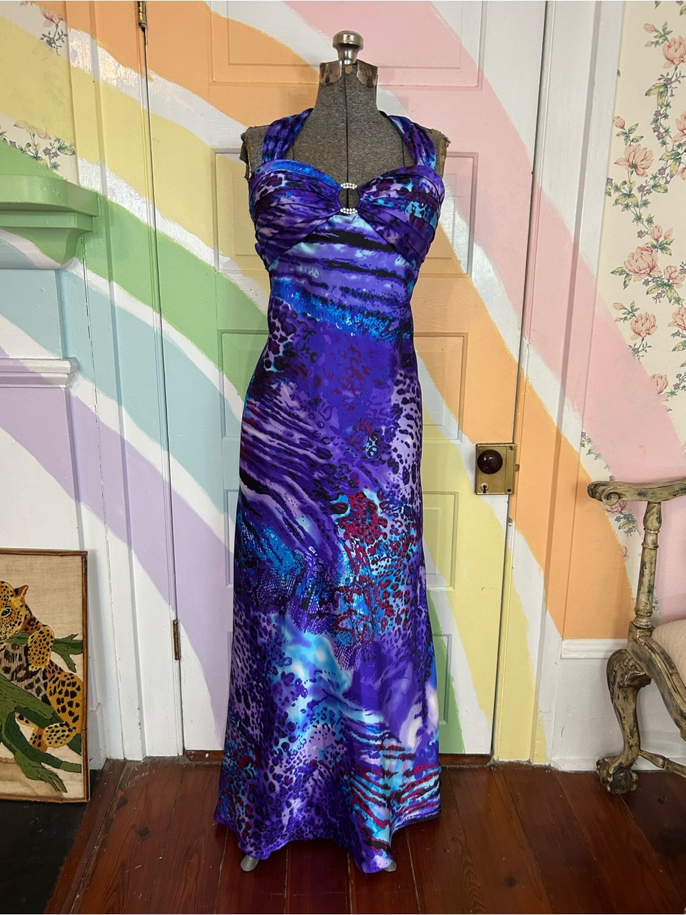 Y2K Blondie Nites by Stacy Sklar Purple Halter Prom Dress Sz 15 Formal Gown 👽🧡